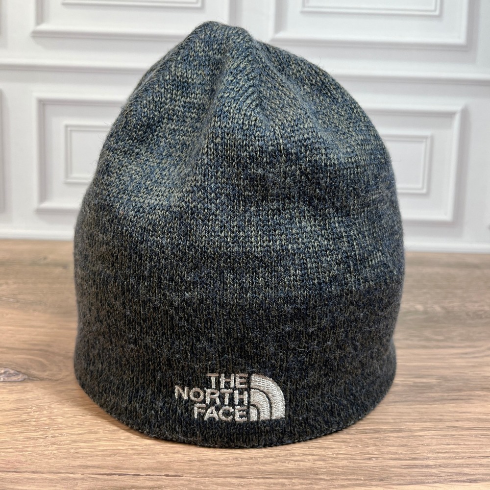 The North Face Beanie Gray Blue Marled Fleece Lined Logo Hat Unisex One Size
